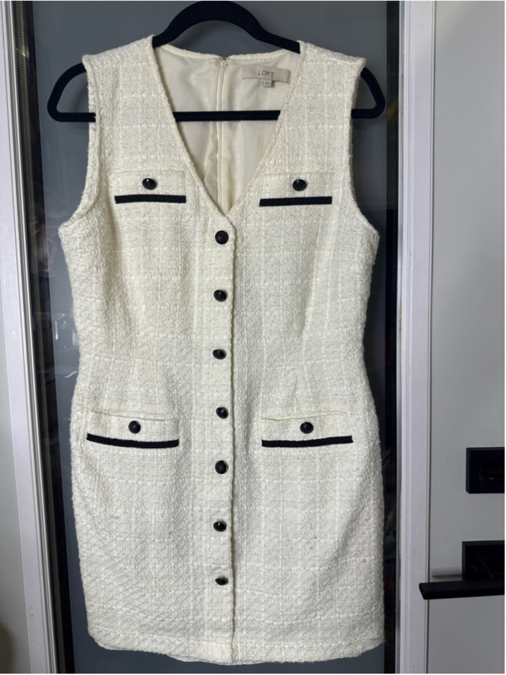 LOFT Textured Tweed Button-Front Dress Cream Black - Picture 2 of 11